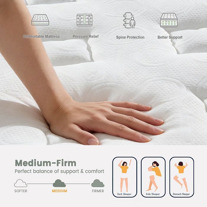 Colchón de 140x190 cm, colchón híbrido de muelles, 30 cm de grosor, diseño ergonómico de 10 zonas, firmeza media, soporte perfecto, sueño aislado, duradero.