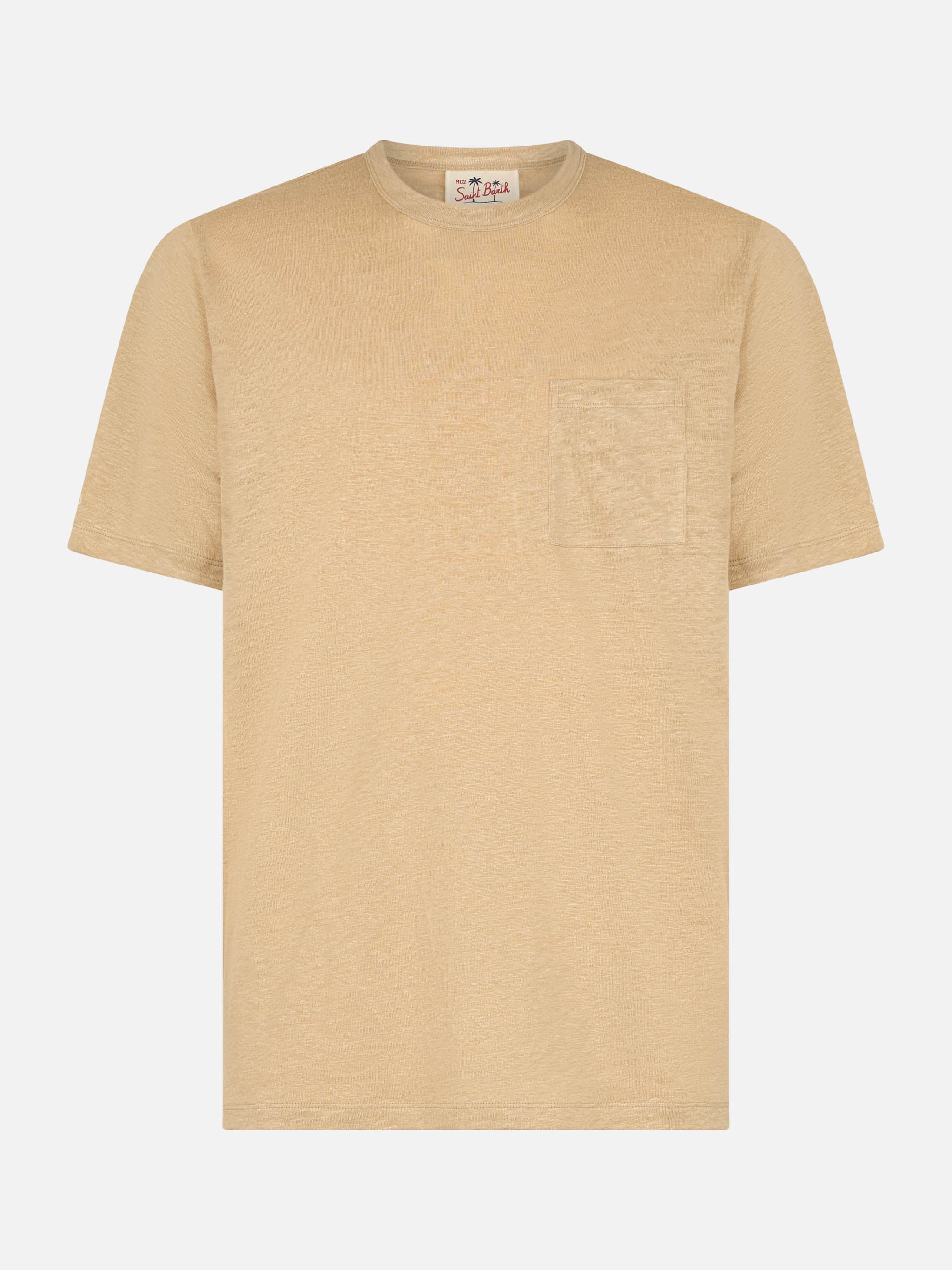 Ecstasea heren T-shirt van beige linnenjersey met zakje