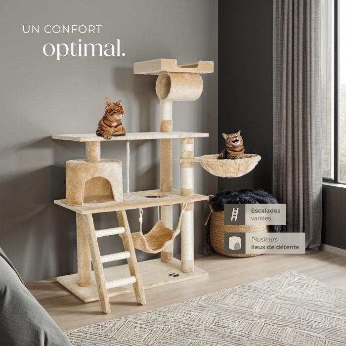 Árbol rascador para gatos - TECTAKE - MARCEL, 141 cm de altura, con cuerda, poste rascador y zonas de descanso - Beige