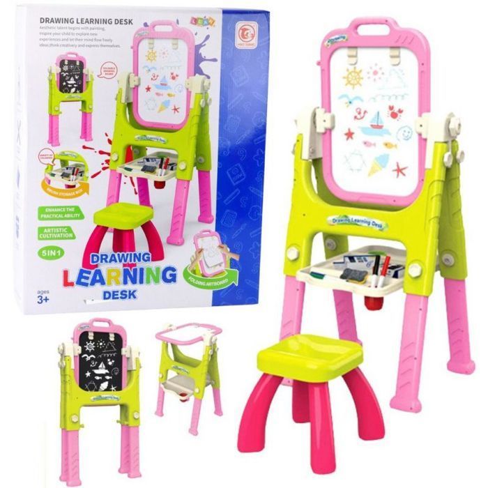 Leantoys Children's Drawing Board, 5-in-1 Educational Drawing Board with Chair, Multifunctional Accessories, Pink