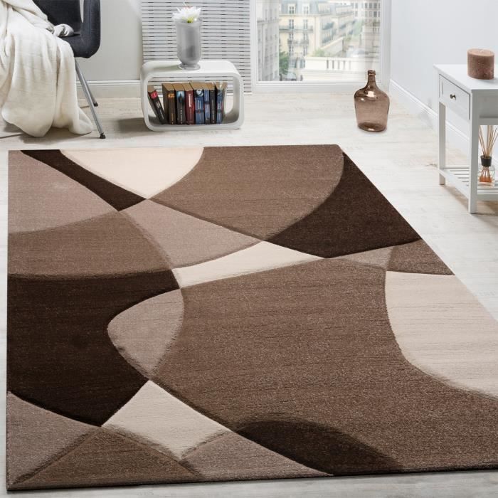 Alfombra geométrica moderna de diseño Paco Home con contornos calados en marrón, crema y beige, 160 x 230 cm.