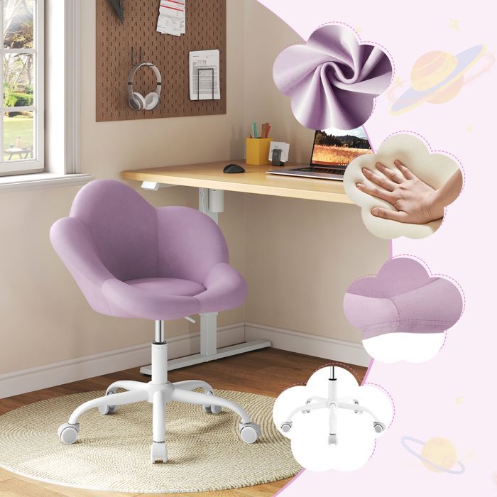 Chaise Bureau Enfant en Forme de Pétale - WOLTU Chaise Pivotante en Velours - Siège Rembourré - Violet Clair