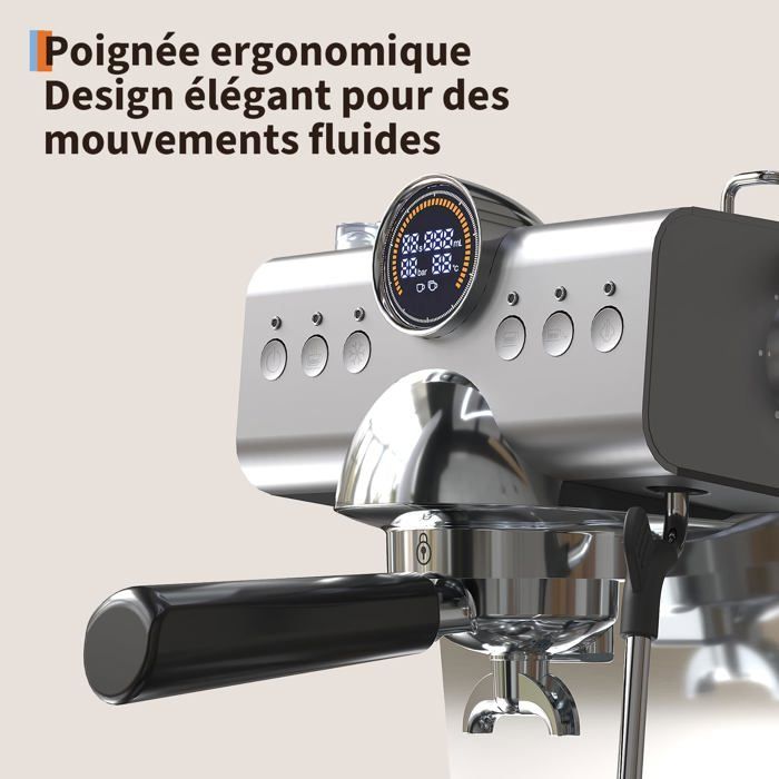 Cafetière expresso semi-automatique 20 bar avec broyeur intégré – Acier inoxydable – Buse vapeur – Compacte et facile à nettoyer