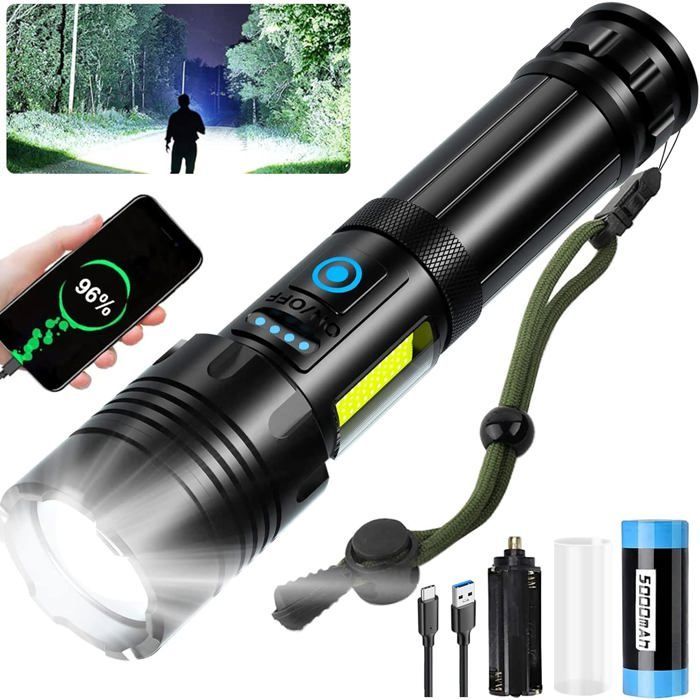 Linterna LED ultra potente: 1.000.000 lúmenes, recargable, 7 modos, resistente al agua IPX7, ideal para acampar y hacer senderismo.