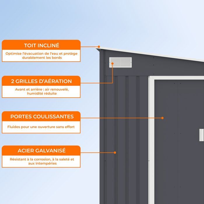 Metalen tuinschuur van 5,5 m² - 215 x 257 x 193 cm - TORONTO - Inclusief verankeringsset, 2 schuifdeuren - Grijs