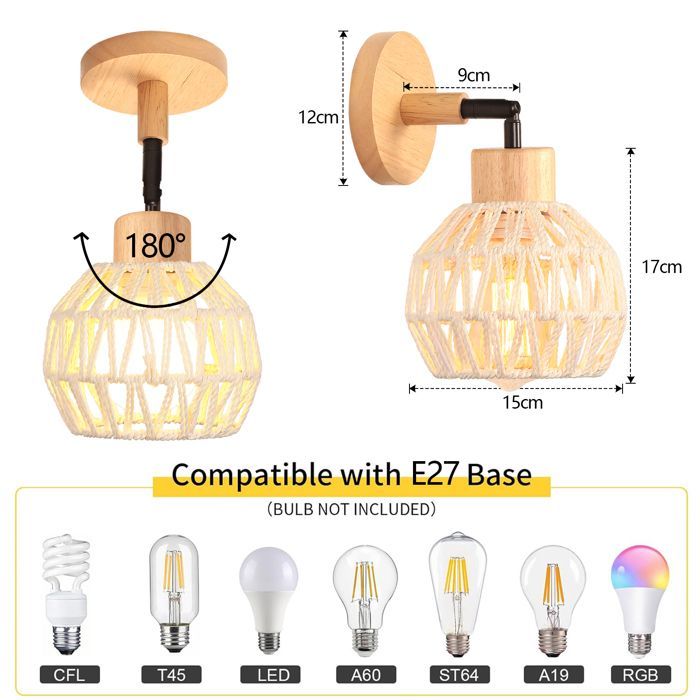 SNOGOLD Applique Mural Interieur Vintage Lampe Mural en Rotin et Bois E27 Luminaire Plafonnier Ajustable pour Salon Couloir, Blanc