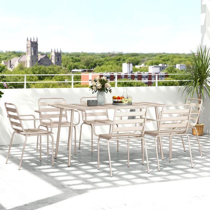 Salon de jardin - Outsunny - 7 pièces - avec 1 table et 6 chaises empilables - en acier - beige