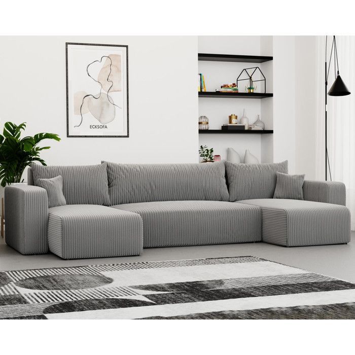 Divano angolare panoramico PIANO U - 7 posti - Divano trasformabile con contenitore - Tessuto in velluto a coste - Grigio chiaro