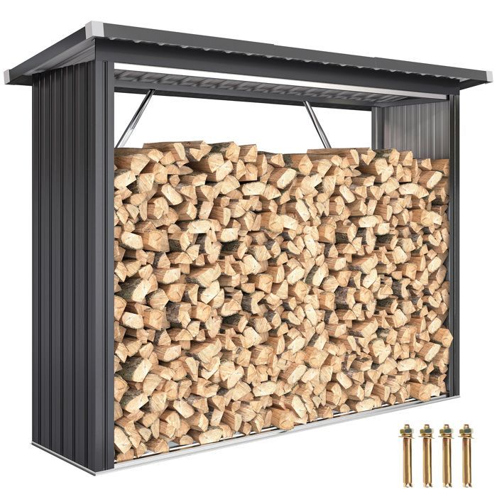 Leñera cubierta Outsunny - suelo elevado y techo inclinado - montaje rápido en acero galvanizado, 213 x 66,5 x 150 cm, gris oscuro