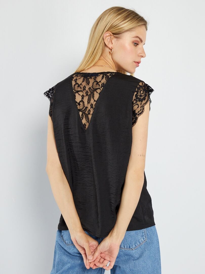 Satijnen blouse met kant - Zwart