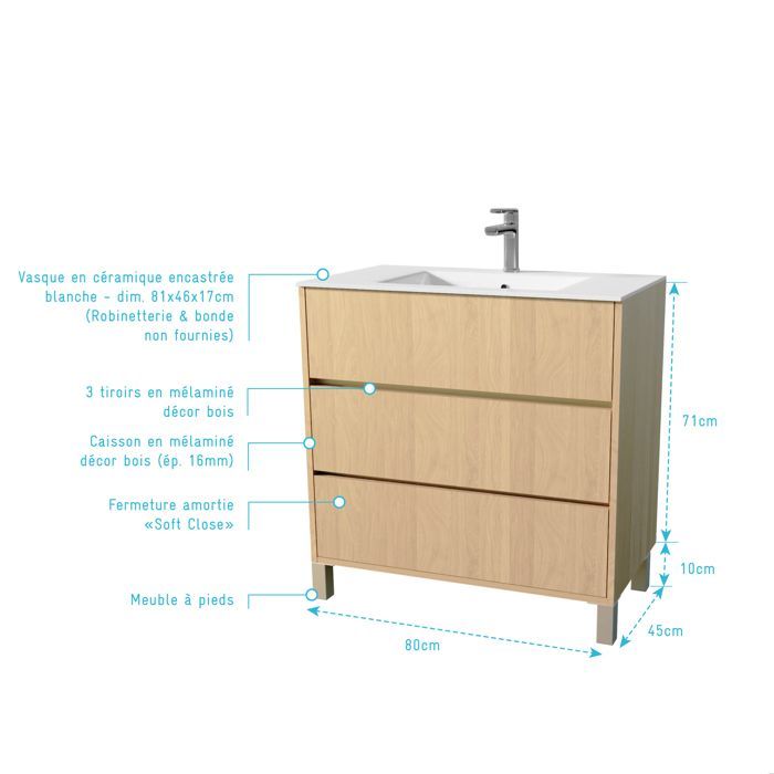 Mueble de baño XENOS de 80 cm en roble claro con 3 cajones y lavabo de cerámica.