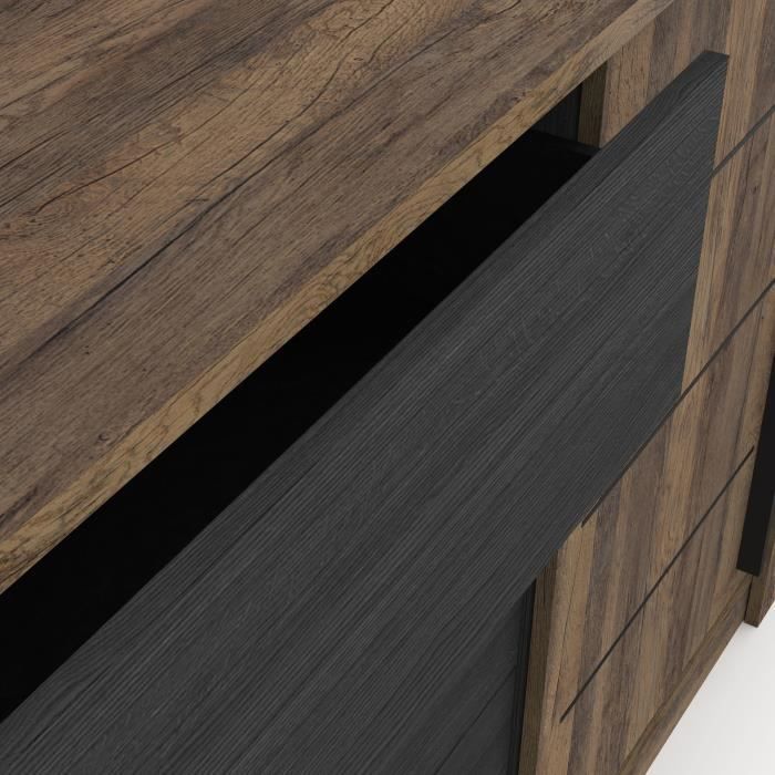 Enfilade MONACO - Décor chêne et noir - 2 Portes + 3 Tiroirs - L206 x P44,9 x H94 cm - CBA MEUBLES