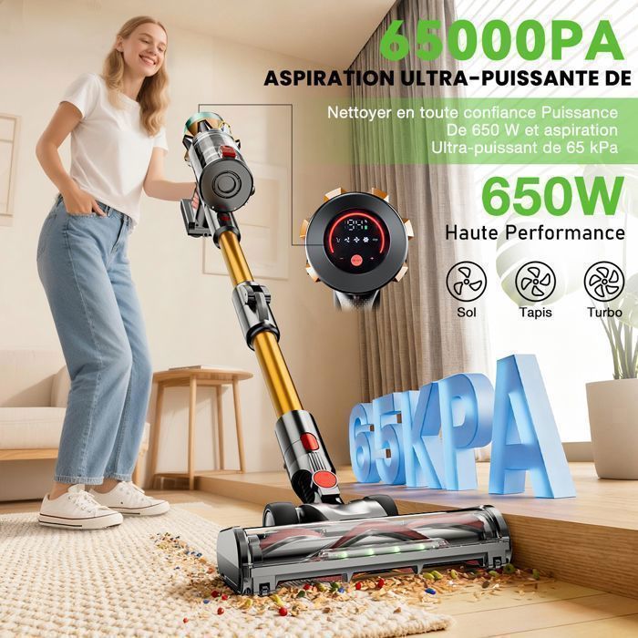 Vulcanterre Cordless Stick Vacuum Cleaner - V22 / 650 W - 60 Min Runtime - 65 kPa - Foldable Tube - Removable Battery