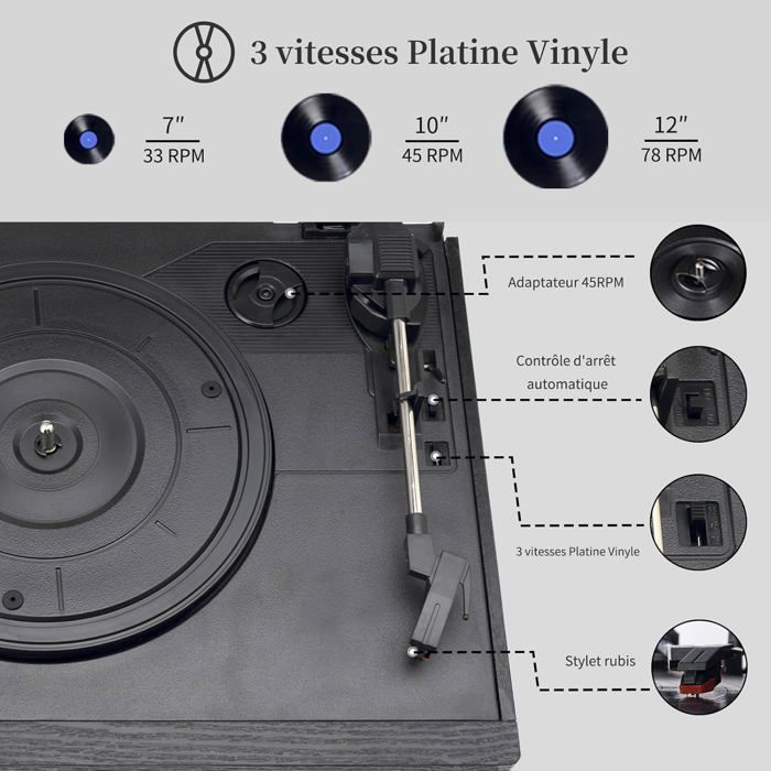 Giradischi Bluetooth 9 in 1, 3 velocità, altoparlanti integrati, CD/Cassette/Radio, USB/SD/Micro Aux/RCA, nero