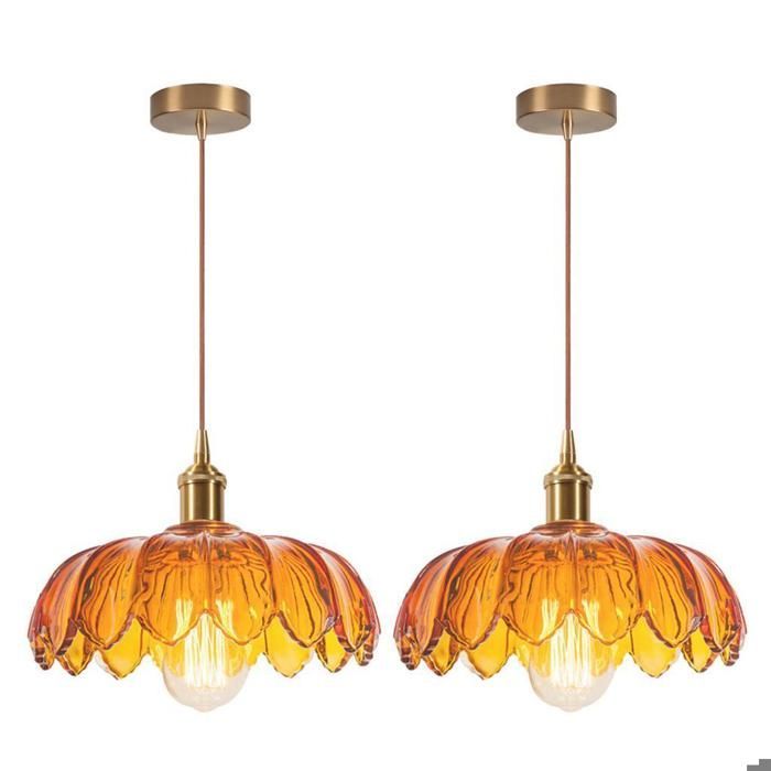 iDEGU 2pcs Suspension Luminaire Moderne en Verre,Lustre Vintage Abat-jour Design Fleurs Ambre Lampe de Plafond Retro pour