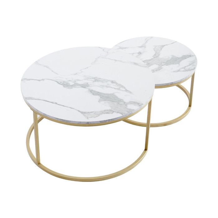 Tavolino rotondo - Legno, marmo e gambe in metallo - Tavolini impilabili - D 80/60 x H 45/33 cm