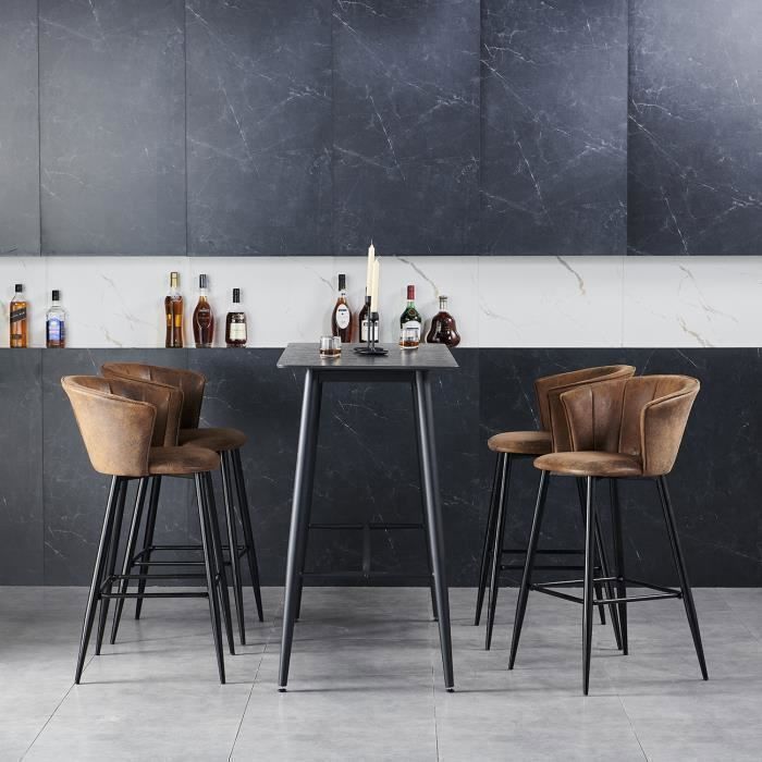 MEUBLES COSY Lot de 2 tabourets de bar industriels avec accoudoirs et dossier en suédine, pieds en métal noir - DONCIC BAR