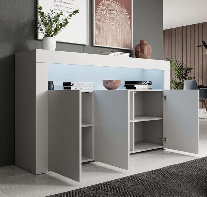 Aparador LED de 3 puertas | 155 x 91,5 x 37 cm | Blanco | Acabado mate | Almacenamiento | AKER