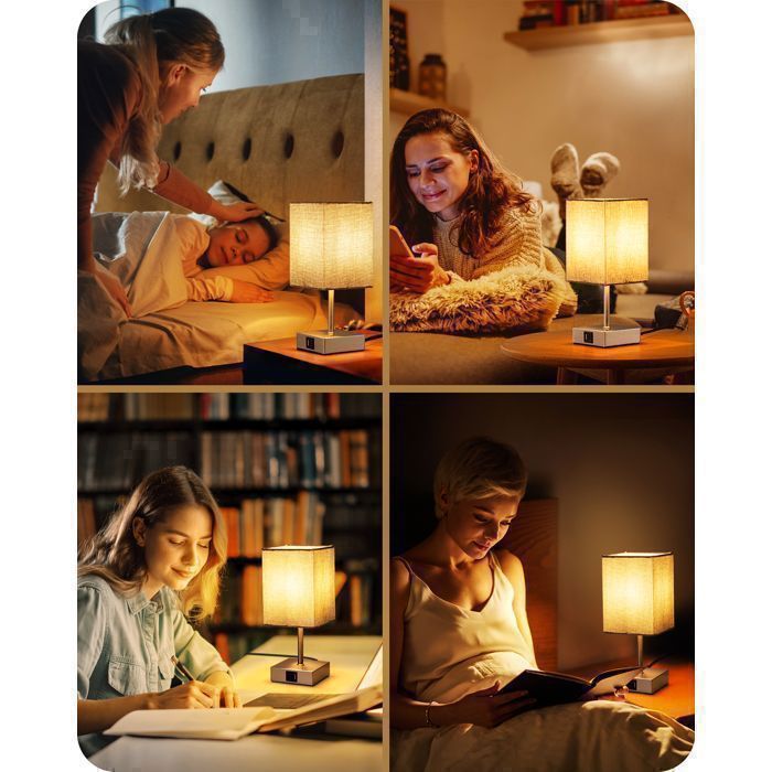 EDISHINE Touch tafellampenset van 2, USB-A- en USB-C-poorten, dimbare E27 LED-lamp inbegrepen, grijze lampenkap
