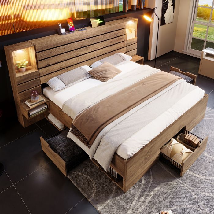 Upholstered Double Bed 180x200 cm with LED Lighting, 3 Storage Drawers, Floating Bedside Tables and USB Ports - Oak Effect