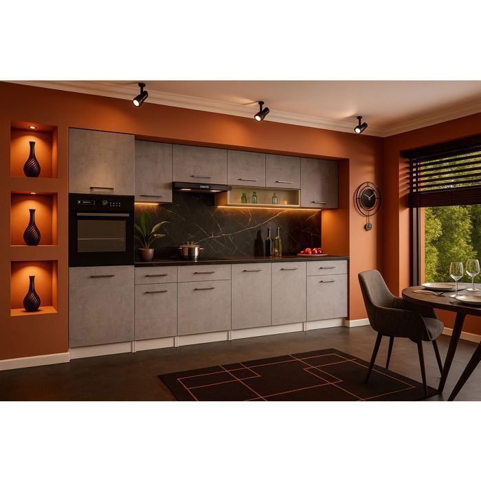 Cocina completa VIKI, color gris hormigón, 300 cm con columna de horno, 9 módulos de 18 mm.
