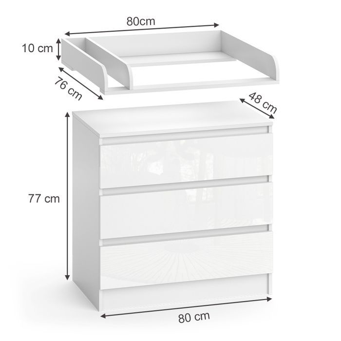 Fasciatoio Emma 80x87cm con 3 cassetti, bianco/bianco lucido, finitura lucida, Vicco 51740