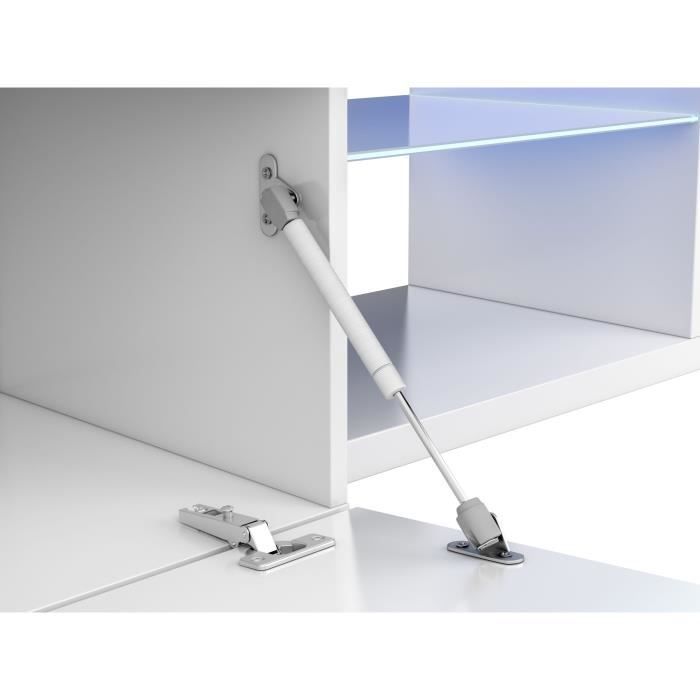 Meuble TV réversible BLUE-TECH - Mélaminé blanc laqué - 1 Porte abattante - LED - Blanc brillant - L150 x P41 x H43 cm
