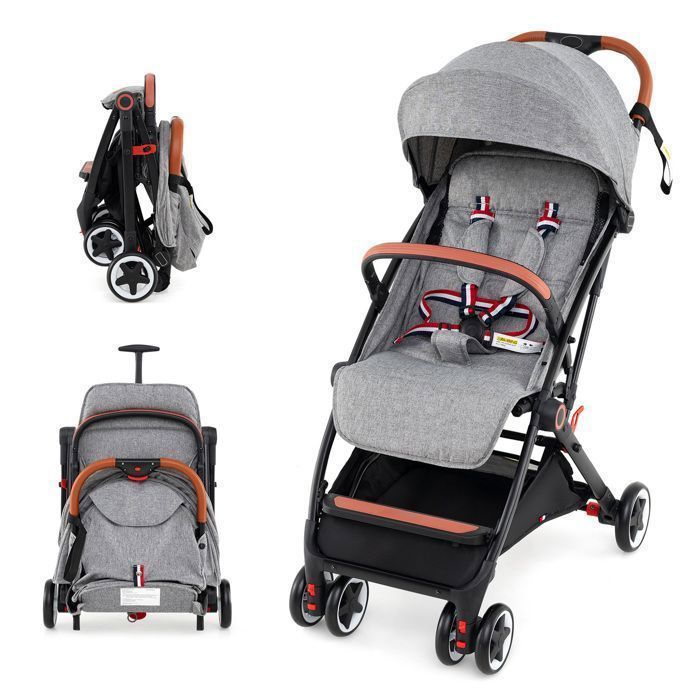 COSTWAY One-Hand Folding Baby Stroller for 0-3 Year Olds with Adjustable Backrest and Footrest, Retractable Canopy, and Harness Strap - Grey