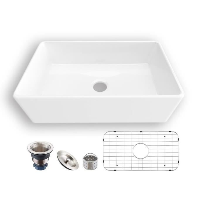Fregadero de cocina estilo granja MEJE de 84 x 50,5 cm, fregadero estampado, fregadero con delantal, fregadero de cocina de un solo seno - Blanco