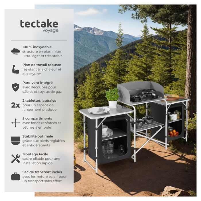 Muebles de camping - TECTAKE - Cocina de camping plegable con bolsa de transporte 172 x 52 x 104 cm - Negro