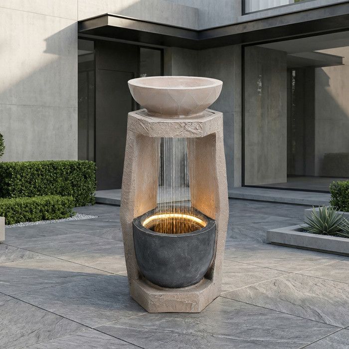 Fuente de jardín con iluminación LED - Aspecto de piedra natural - Bomba de agua integrada - Iluminación LED - 36,5 x 36 x 81,5 cm