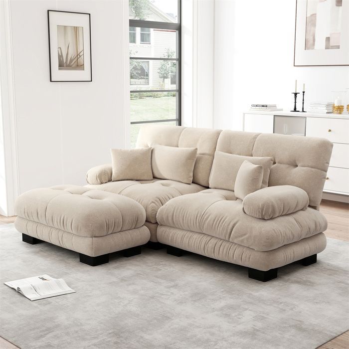 Divano angolare a due posti in ciniglia DRIPEX con 2 comodi cuscini, divano imbottito con pouf, marrone chiaro