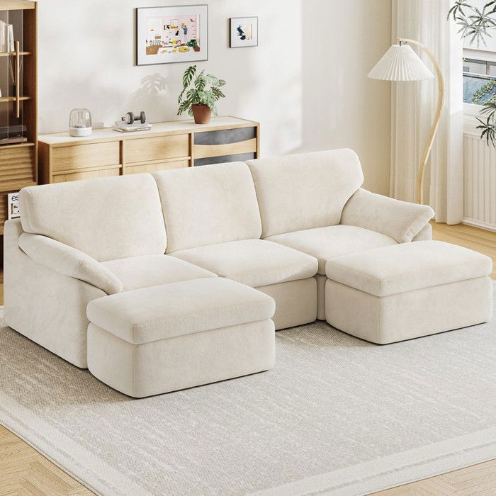 Canapé d'angle Convertible 5 pcs, Tissu velours polaire beige, Canapé avec 5 Oreillers et 2 repose-pieds, 240 x 140 x 65 cm