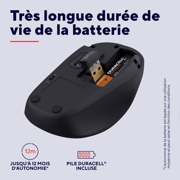 Ratón inalámbrico silencioso y compacto Trust Yuki con batería, ambidiestro, 1600 DPI, receptor USB, compatible con portátiles y ordenadores.