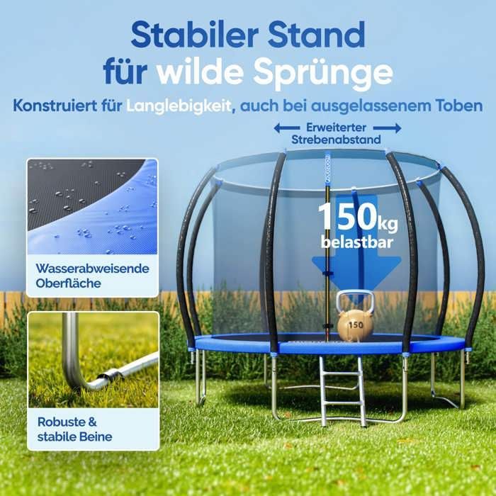 Cama elástica Monzana de Ø244 cm. Juego completo con red de seguridad interior, escalera, protector de bordes y lona de salto para jardín.