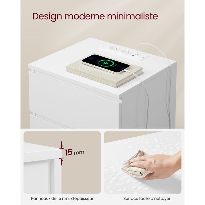 VASAGLE Table de Chevet avec Multiprise, Lot de 2, Table d’Appoint avec 3 Tiroirs, 2 Prises CA, 2 Ports USB, Blanc Nuage