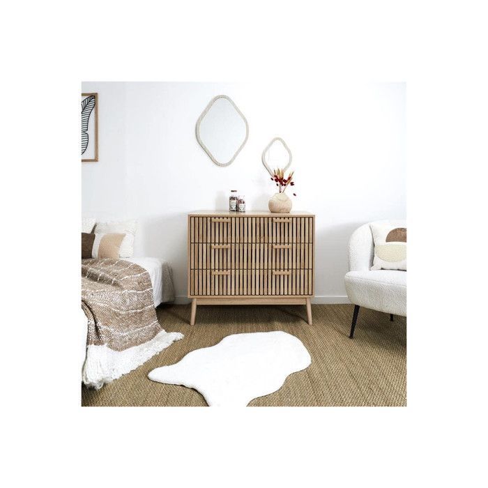 PAJAN - Cómoda de 3 cajones con efecto madera y listones de madera