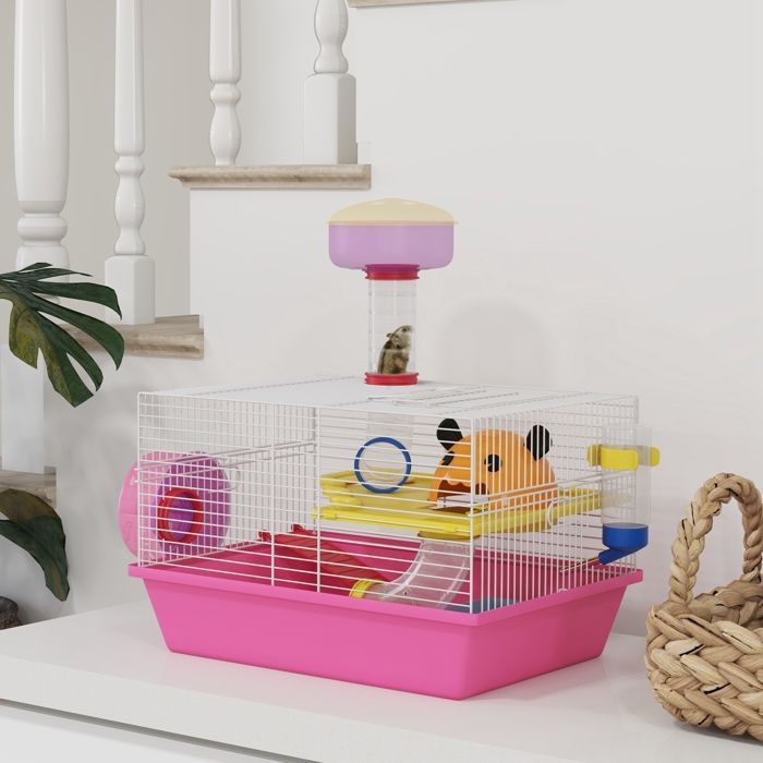 Cage à hamster - PawHut - rat rongeur avec plateforme - biberon eau - roue - maisonnette -  34 x 27 x 25 cm - rose