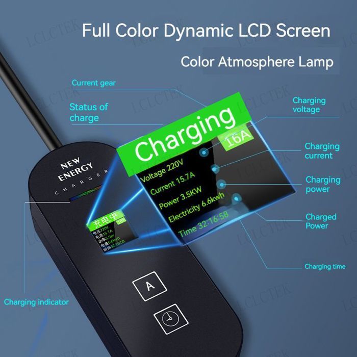 Cargador de 16 A y 3,5 kW con cable de carga USB para vehículos eléctricos tipo 2