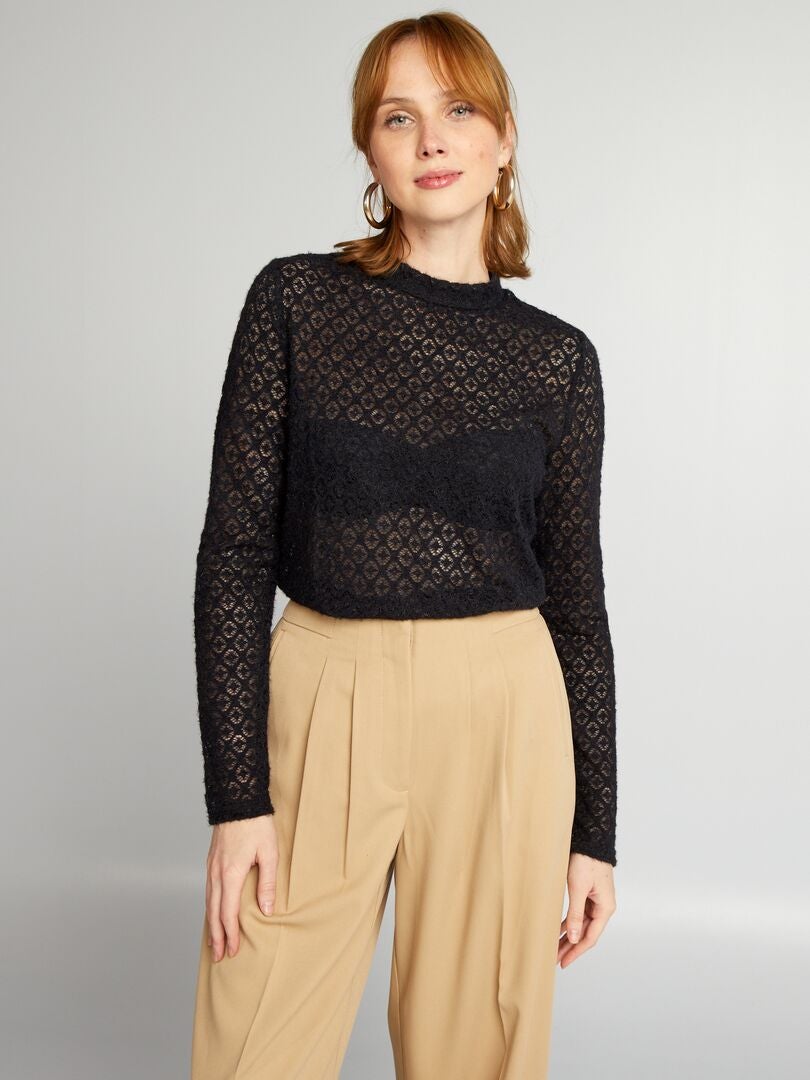 T-shirt met lange mouwen en kant - zwart