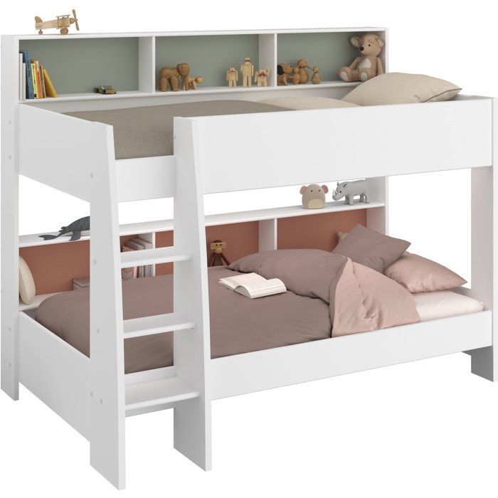 Literas infantiles PARISOT 2 x 90x200 cm - Decoración en verde celadón/terracota y blanco sombra - Bases de somier de láminas incluidas - JIM