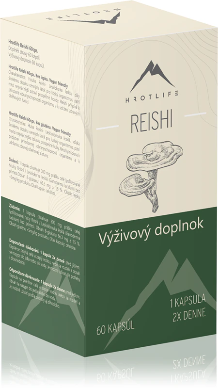 Cápsulas de suplemento alimentar Hrotlife Reishi BIO feitas a partir de uma espécie rara de cogumelo.