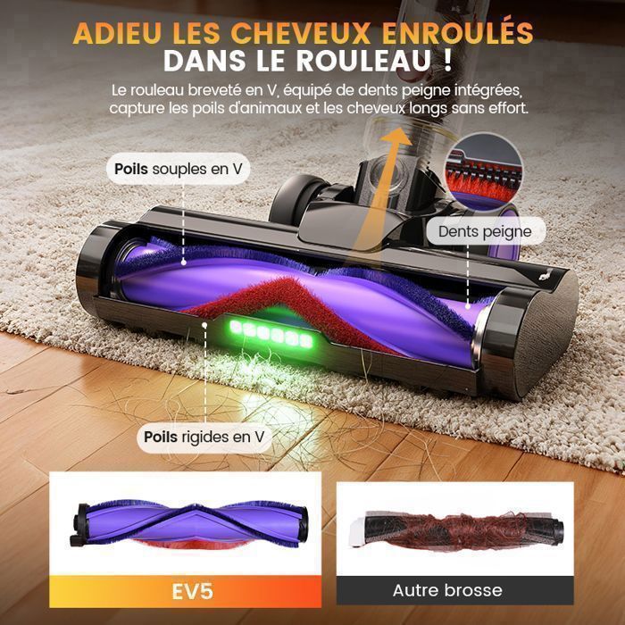 Aspirateur Balai sans Fil Erabros EV5-600W/70KPa/80 Min-Écran LED-4 Modes-Batterie Amovible-Anti-Emmêlement-LED Verte