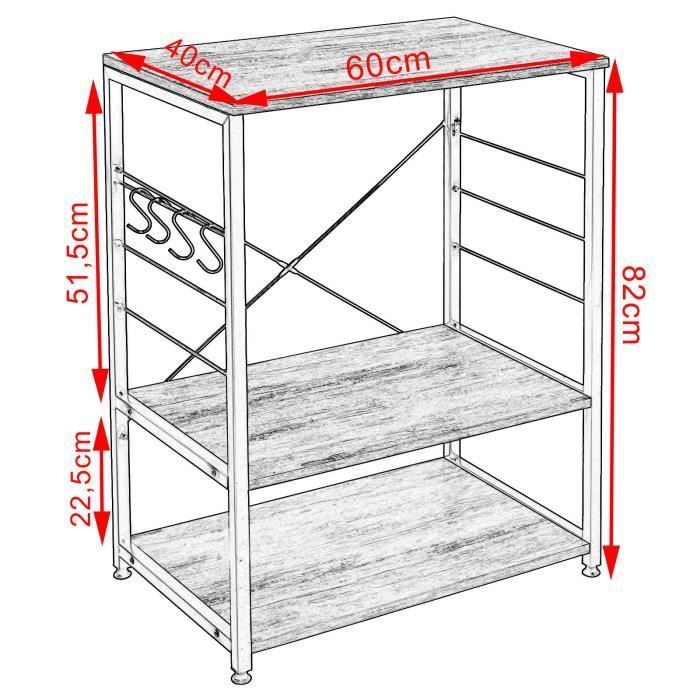 Estante para microondas WOLTU, estante de cocina de madera maciza con estructura de acero, 60x39x74cm, blanco + roble claro