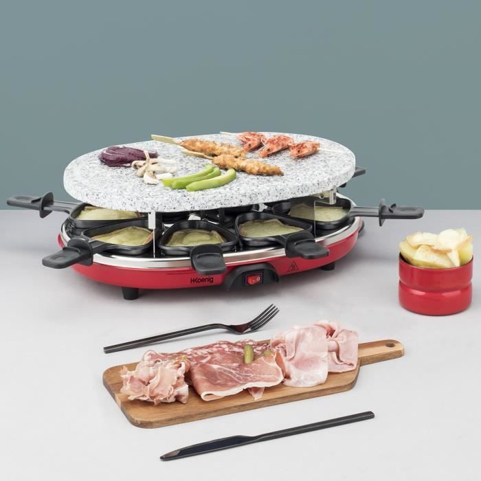 Parrilla para raclette H.KOENIG 4 en 1 - Para 8 personas - 900 W - Rojo/Negro