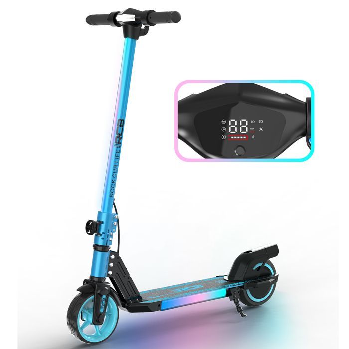 RCB R12 Foldable Electric Scooter for Children - Digital Display - Colorful Neon Lights - Super Gift Blue