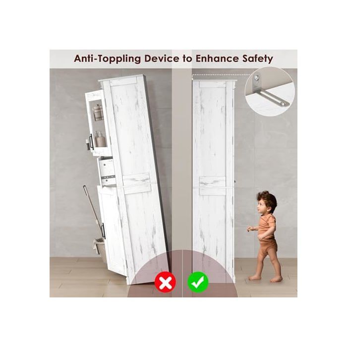 Bathroom Cabinet, 170 cm Tall Unit, Storage with Adjustable Shelves, 4 Doors, 1 Drawer, Compartment, White