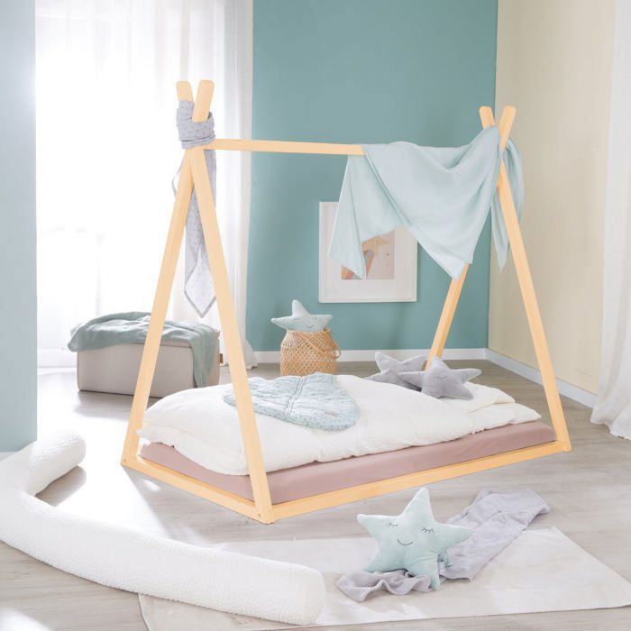 Cama tipi ROBA de 70 x 140 cm para niños - Bambú certificado FSC - Cama india para niños y niñas - Acabado natural