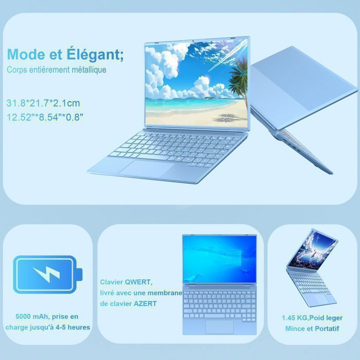 NOTODD Ordinateur Portable 14'' HD - RAM  8Go +256 Go SSD - Intel Celeron N5095 - Windows 11 -  Écran 2K -  4 cœurs - HDMI - Bleu