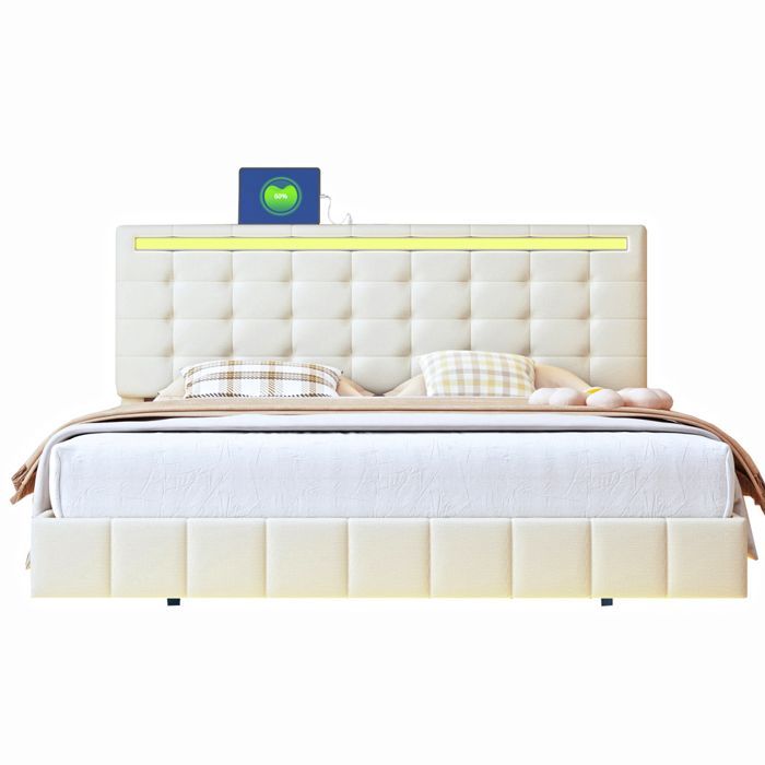 Cama doble de 140x190 cm - NMONET - LED - USB - Tapizado en lino beige - Estilo moderno